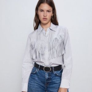Zara Striped Fringe Poplin Shirt | White & Blue | Size M | NWT